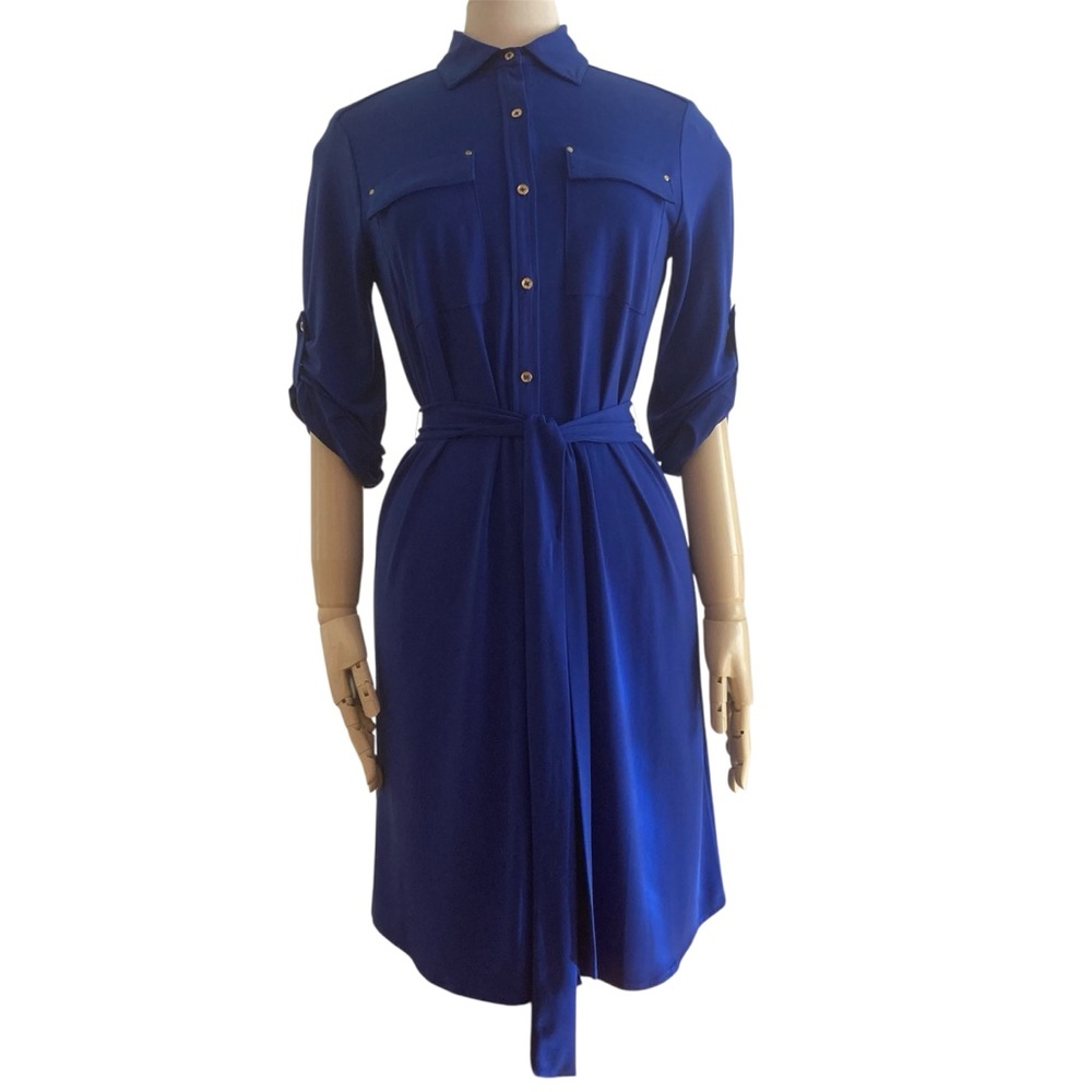 CALVIN KLEIN | Royal Blue Collared Belted Long Sleeve Shirt Dress Sz 6